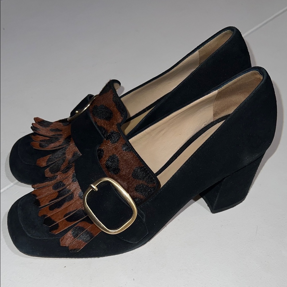 M. Gemi Lettura Block Heel buckled Fringe Loafer size 37 made in Italy leopard